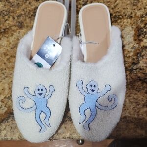 Women's Cream Fuzzy Slippers with Blue Monkey Embroidery